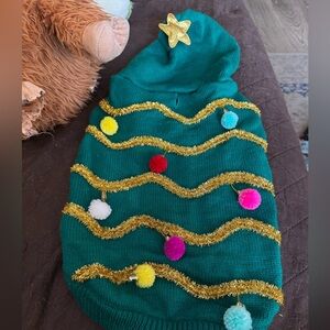 Merry & Bright Ugly Dog Sweater with Gold Trim and Pom Poms